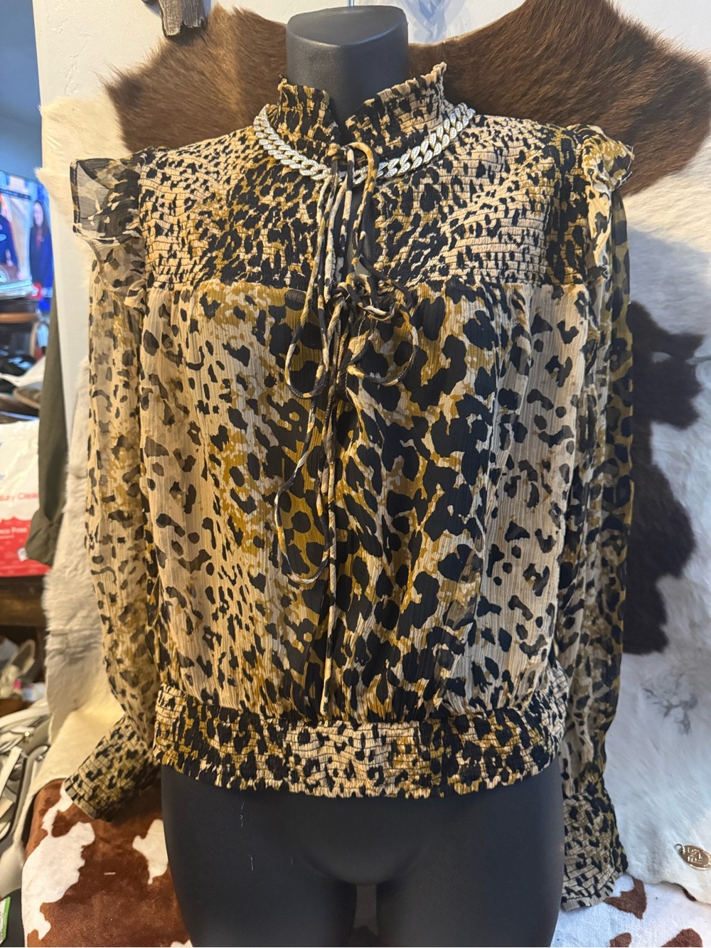 Source Unknown Leopard Print Smocked Neck Blouse in Black and Tan